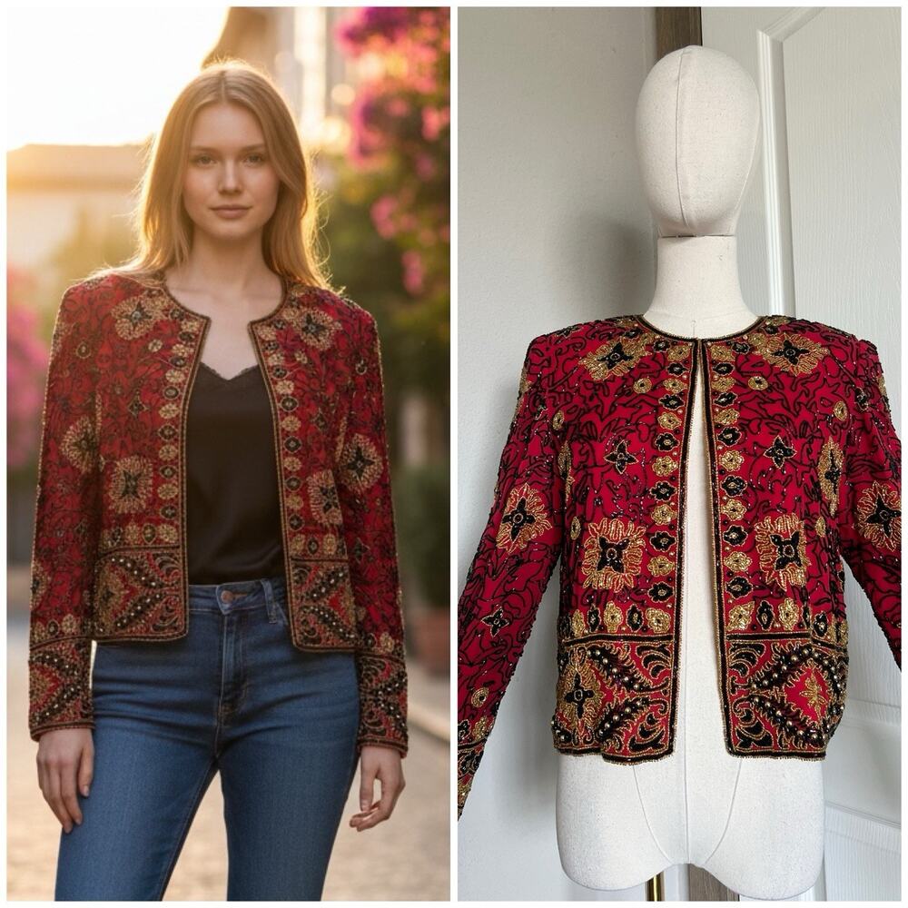VTG Adrianna Papell Evening Jacket Red 100% Silk Beaded Sequins Sz S 90s Holiday